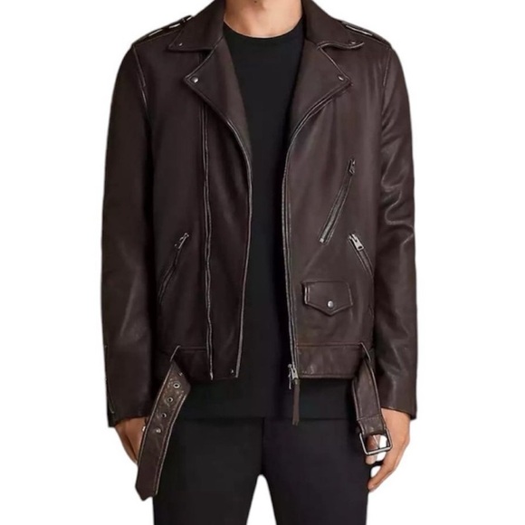 AllSaints VOLTAIRE BIKER Brown 100% Lamb Leather Jacket - Size Medium - Picture 10 of 11